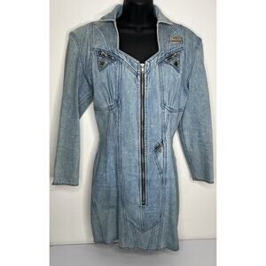 Vintage Morgan Wear Womens Zipper Moto Studs Fitted Denim Dress Size 5 Retro